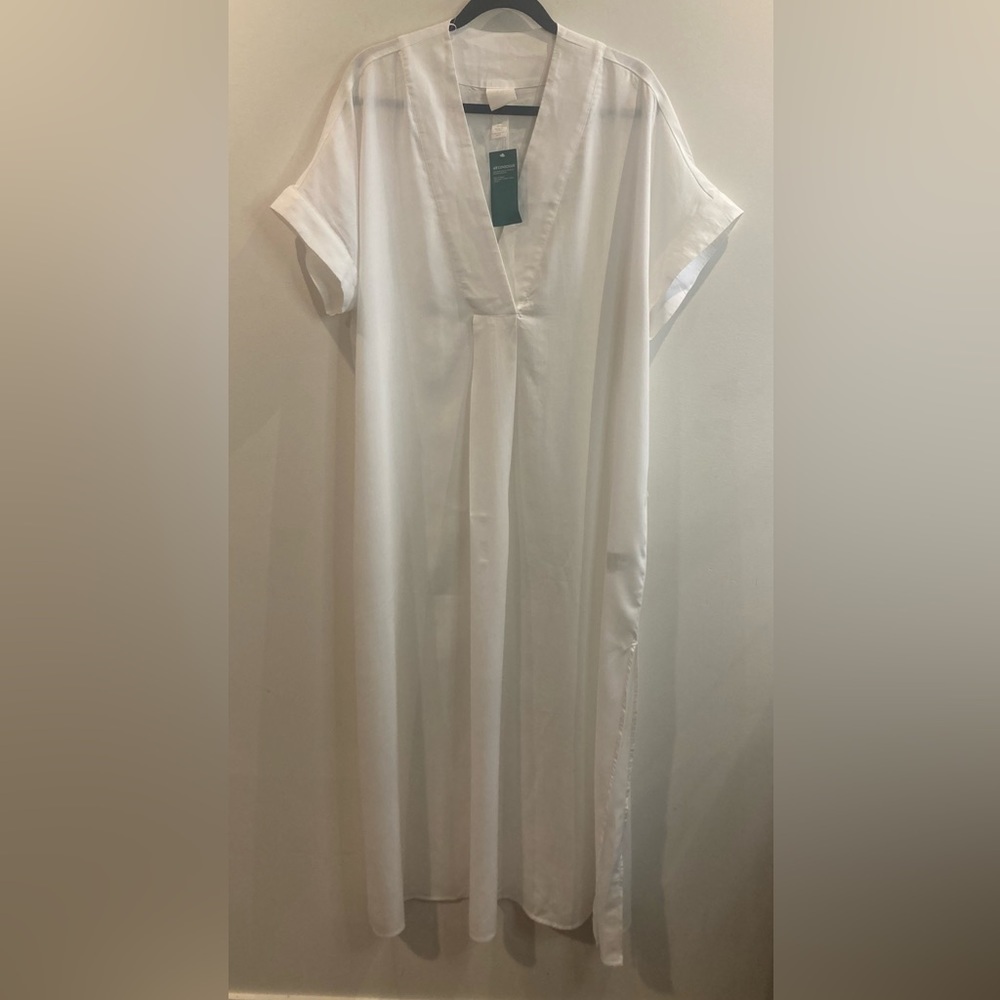 H&M Sz M 100% Lyocell V-Neck Front Pleat Short Sleeve Beach Cover Up Kaftan NEW - Picture 2 of 16